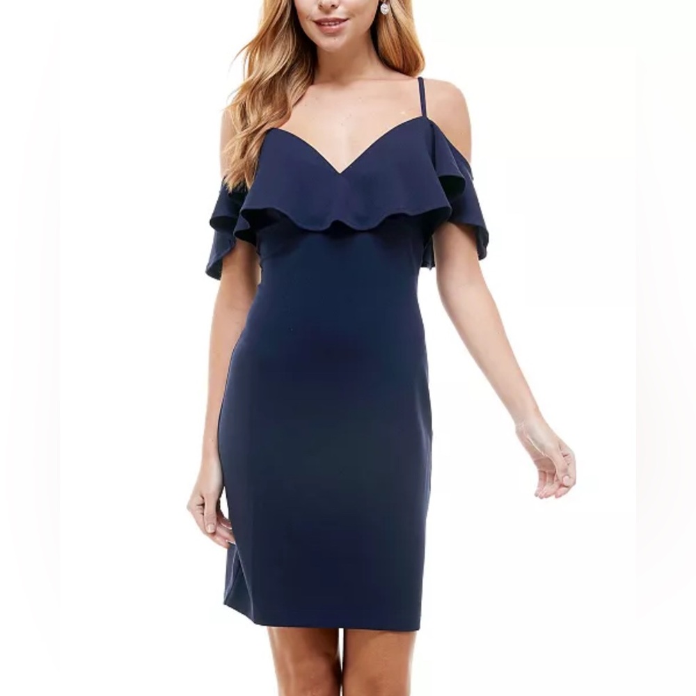 Navy Blue Dress Ruffled Shoulder. Esmerald Sundae Small.